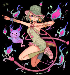 Rule 34 | 1girl, absurdres, armpits, black background, blue fire, bracelet, dress, earrings, fire, ghost, green dress, green hair, green hat, green socks, hair between eyes, hat, highres, jewelry, legs up, looking at viewer, mole, mole under mouth, original, pink fire, pink footwear, pointing, purple eyes, shoes, short hair, sleeveless, sleeveless dress, socks, solo, yuuinami
