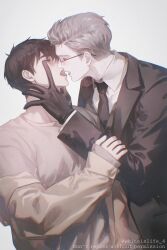 Rule 34 | 2boys, black coat, black gloves, black necktie, brown coat, brown hair, coat, collared shirt, eye contact, glasses, gloves, grey hair, hand on another&#039;s face, highres, holding another&#039;s wrist, ilay riegrow, imminent kiss, jeong taeui, light blush, looking at another, male focus, multiple boys, necktie, open clothes, open coat, passion (manhwa), shirt, short hair, tongue, tongue out, twitter username, white shirt, whiteislife 4, yaoi