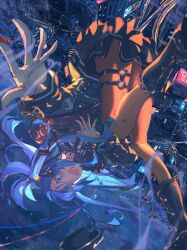 Rule 34 | 1girl, :d, black skirt, blue eyes, blue hair, boots, c4 art, cityscape, falling, floating hair, hair ornament, hair ribbon, hololive, hoshimachi suisei, hoshimachi suisei (streetwear), long hair, long sleeves, midair, night, night sky, open mouth, orange pantyhose, outdoors, pantyhose, ribbon, skirt, sky, smile, solo, star (symbol), star hair ornament, thigh strap, virtual youtuber