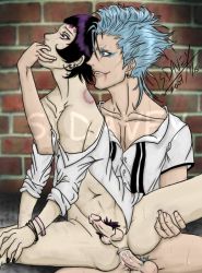 Rule 34 | 2boys, anal, arrancar, bite mark, bleach, blue eyes, blue hair, bottomless, collarbone, cum, cum in ass, evil smile, finger in mouth, grimmjow jaegerjaquez, injury, leg hold, luppi antenor, male focus, male penetrated, multiple boys, number tattoo, off shoulder, open clothes, open shirt, penis, precum, pubic hair, purple eyes, purple hair, sex, shirt, sitting, smile, sweat, tattoo, uncensored, wristband, yaoi