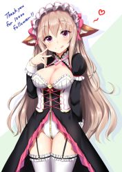 Rule 34 | 1girl, :q, animal ears, black dress, blonde hair, breasts, center opening, cleavage, dress, frilled cuffs, frilled thighhighs, frills, garter straps, green background, grey thighhighs, hair between eyes, heart, large breasts, leotard, long dress, long sleeves, maid headdress, milestone celebration, minato yoshihiro, original, purple eyes, shadow, silver legwear, solo, thighhighs, tongue, tongue out, two-tone background, white background, white leotard, white thighhighs, zipper