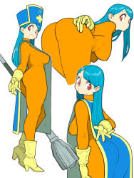 Rule 34 | 1girl, absurdres, ass, bent over, blue hair, blue tabard, bodysuit, boots, breasts, closed mouth, dragon quest, dragon quest iii, gloves, hat, high heel boots, high heels, highres, large breasts, long hair, looking back, mitre, multiple views, orange bodysuit, priest (dq3), red eyes, simple background, tabard, toshinoshin, white background, yellow footwear, yellow gloves