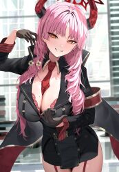 Rule 34 | 1girl, absurdres, between breasts, black gloves, blue archive, bra, breasts, cleavage, commentary, demon horns, garter straps, gloves, grin, halo, hidulume, highres, holding pendulum, horns, large breasts, long hair, military, military uniform, mole, mole on breast, necktie, necktie between breasts, pendulum, pink hair, red bra, red necktie, satsuki (blue archive), smile, solo, underwear, uniform, yellow eyes