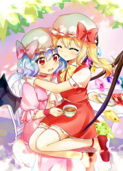 Rule 34 | 2girls, ascot, bad id, bad pixiv id, bat wings, blonde hair, blue hair, bow, chair, cup, dress, closed eyes, flandre scarlet, hat, hat bow, hug, mob cap, multiple girls, open mouth, pink dress, plate, puffy sleeves, red eyes, remilia scarlet, sakuro, shirt, short sleeves, siblings, side ponytail, sisters, sitting, sitting on lap, sitting on person, skirt, skirt set, smile, table, teacup, touhou, vest, wings, wrist cuffs