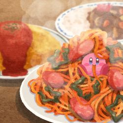Rule 34 | blue eyes, blush, blush stickers, closed mouth, commentary request, eating, food, food in mouth, highres, kirby, kirby (series), looking at viewer, miclot, nintendo, no humans, pasta, pink footwear, plate, shoes, smile, spaghetti, star (symbol), steam, table, tomato sauce