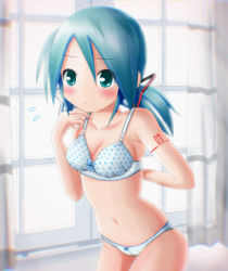 Rule 34 | 00s, 1girl, :&lt;, alternate hairstyle, aqua eyes, aqua hair, arm tattoo, blush, bra, breasts, cameltoe, curtains, eyes visible through hair, flying sweatdrops, hatsune miku, highres, indoors, kazu-chan, long hair, looking at viewer, medium breasts, navel, panties, polka dot, polka dot bra, polka dot panties, short twintails, solo, tattoo, twintails, underwear, underwear only, vocaloid, window