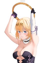 1girl ameiarts armpits arms_up artist_name black_gloves blonde_hair blue_eyes blush breasts cosplay detached_sleeves dress fur_choker gloves grabbing halo highres hololive hololive_english large_breasts looking_at_viewer mole mole_on_breast ninomae_ina&#039;nis ninomae_ina&#039;nis_(cosplay) no_bra parted_lips short_hair simple_background single_detached_sleeve solo strapless strapless_dress tube_dress virtual_youtuber watson_amelia white_background