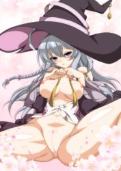 Rule 34 | 1girl, absurdres, anus, blue eyes, blush, breasts, censored, elaina (majo no tabitabi), flower, hat, highres, large breasts, long hair, looking at viewer, majo no tabitabi, nipples, pussy, shy, spread legs, white hair, witch, witch hat