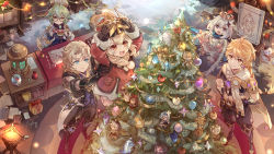 Rule 34 | 3boys, 3girls, :d, aether (genshin impact), albedo (genshin impact), amber (genshin impact), bench, bennett (genshin impact), blonde hair, blue eyes, box, braid, braided ponytail, candy, candy cane, christmas ornaments, christmas tree, commentary, crystal, crystal ball, csyday, eula (genshin impact), food, genshin impact, gift, gift box, glasses, grin, hair between eyes, indoors, klee (genshin impact), lifting person, light brown hair, lumine (genshin impact), multiple boys, multiple girls, open mouth, orange eyes, paimon (genshin impact), painting (action), paper, purple eyes, quill, razor (genshin impact), signature, silver hair, smile, snow, snowman, star (symbol), sucrose (genshin impact), sweatdrop, torch, writing, yellow eyes