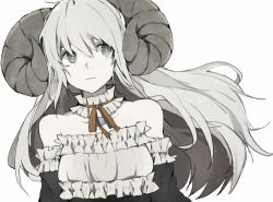 Rule 34 | 1girl, bare shoulders, c4991, collarbone, detached sleeves, frills, grey eyes, grey hair, horns, long hair, original, red ribbon, ribbon, sheep horns, simple background, solo, spot color, upper body, white background
