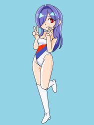 Rule 34 | :d, alternate costume, azur lane, boots, breasts, chibi, cleavage, double v, hands up, knee boots, minato yakei, mole, mole on thigh, nervous smile, one-piece swimsuit, open mouth, purple hair, red eyes, shiny skin, simple background, skindentation, smile, swimsuit, tagme, trento (azur lane), v