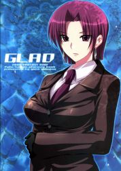 Rule 34 | 00s, 1girl, bazett fraga mcremitz, breasts, earrings, fate/hollow ataraxia, fate/stay night, fate (series), formal, gloves, jewelry, large breasts, long sleeves, mole, mole under eye, necktie, pant suit, pants, purple eyes, purple hair, short hair, solo, suit