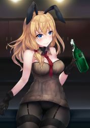 Rule 34 | 1girl, alcohol, animal ears, black gloves, black pantyhose, blonde hair, blue eyes, blush, bottle, breasts, cleavage, closed mouth, collar, cowboy shot, crotch seam, detached collar, eyao, garter straps, girls&#039; frontline, gloves, hair tie, highres, holding, holding bottle, large breasts, long hair, looking away, mod3 (girls&#039; frontline), mosin-nagant (girls&#039; frontline), mosin-nagant (mod3) (girls&#039; frontline), necktie, pantyhose, rabbit ears, red necktie, ribbed sweater, smile, solo, sweatdrop, sweater, sweater vest, thighband pantyhose, thighs