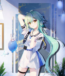Rule 34 | 1girl, absurdres, alternate costume, animal ears, ayan (1593817922), casual, cat ears, cat girl, collarbone, commentary request, contemporary, genshin impact, green hair, hair between eyes, highres, long hair, looking at viewer, low ponytail, multicolored hair, short sleeves, sidelocks, signature, solo, streaked hair, sucrose (genshin impact), thighlet, wristband, yellow eyes