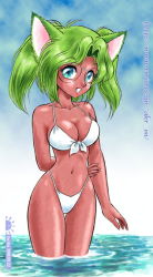 Rule 34 | 1999, 1girl, 1990s (style), akira m, animal ears, bikini, blue eyes, breasts, cat ears, cat girl, cleavage, cloud, collarbone, dark skin, dated, glasses, green hair, large breasts, long hair, looking at viewer, navel, open mouth, september, sky, smile, solo, standing, swimsuit, twintails, wading, water, white bikini