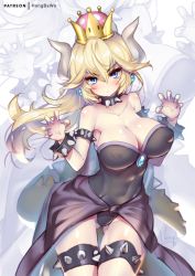 Rule 34 | 1girl, bare shoulders, black leotard, blonde hair, blue eyes, blush, bowsette, bracelet, breasts, claw pose, cleavage, closed mouth, collar, commentary request, covered erect nipples, crown, curled horns, earrings, fingernails, gluteal fold, hair between eyes, hands up, head tilt, hong (white spider), horns, jewelry, large breasts, leotard, long hair, looking at viewer, making-of available, mario (series), mini crown, nail polish, new super mario bros. u deluxe, nintendo, purple nails, solo, spiked bracelet, spiked collar, spikes, super crown, v-shaped eyebrows, very long hair
