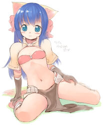 Rule 34 | 1girl, animal ears, bikini, bikini top only, blue eyes, blue hair, blush, boots, bow, brown capelet, brown gloves, capelet, cat ears, closed mouth, commentary request, elbow gloves, emurin, flat chest, full body, gloves, hair bow, leaning back, long hair, looking at viewer, mage (ragnarok online), majiko (emurin), midriff, navel, pelvic curtain, ragnarok online, red bikini, red bow, red footwear, red skirt, showgirl skirt, sitting, skirt, smile, solo, star-shaped pupils, star (symbol), swimsuit, symbol-shaped pupils, wariza