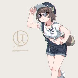 Rule 34 | 1girl, animal ears, bare legs, blunt bangs, brown background, brown eyes, chromatic aberration, commentary request, feet out of frame, hand on headwear, hand on own hip, hat, highres, kuro kosyou, leaning forward, looking at viewer, midriff, navel, original, overalls, parted lips, raccoon ears, raccoon girl, raccoon tail, shoes, short eyebrows, short hair, simple background, solo, standing, strap slip, sunglasses, suspenders, tail, thick eyebrows, white footwear