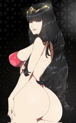 Rule 34 | 1girl, alternate costume, ass, ass focus, bare shoulders, bikini, black hair, breasts, circlet, come hither, fire emblem, fire emblem awakening, fire emblem heroes, from behind, highres, huge ass, large breasts, long hair, looking at viewer, naughty face, nintendo, purple eyes, r3dfive, sideboob, smile, solo, swimsuit, tharja (fire emblem), tharja (summer) (fire emblem), thong, thong bikini, very long hair
