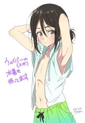 Rule 34 | 1boy, absurdres, armpits, arms up, black eyes, black hair, blue male swimwear, blue swim trunks, blush, brown eyes, brown hair, chili-tomato (gekikaraya), collarbone, dated, drawstring, fate (series), gradient male swimwear, gradient swimsuit, green male swimwear, green swim trunks, hair between eyes, highres, hood, hood down, looking at viewer, lord el-melloi ii case files, male focus, male swimwear, navel, open clothes, shirt, simple background, sleeveless, sleeveless jacket, solo, swim trunks, swimsuit, translation request, waver velvet, white background