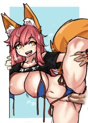 Rule 34 | 1girl, absurdres, against wall, animal ear fluff, animal ears, bikini, bikini bottom aside, bikini under clothes, black shirt, blue background, blue bikini, breasts, clothed sex, clothes lift, clothing aside, collarbone, crop top, fate/grand order, fate (series), fox ears, fox tail, hand on wall, happy sex, hetero, highres, huge breasts, leg lift, long hair, meme attire, multicolored background, navel, nipples, no pants, open bikini, open clothes, open mouth, penis, pink hair, pussy, sex, shirt, shirt lift, side-tie bikini bottom, smile, solo focus, spread legs, swimsuit, swimsuit under clothes, tail, tamamo (fate), tamamo no mae (fate/extra), tamamo no mae (swimsuit lancer) (fate), thigh grab, thighs, uncensored, vaginal, white background, yellow eyes, zanamaoria