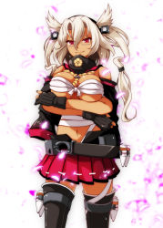 Rule 34 | 1girl, bandages, breast hold, breasts, budget sarashi, capelet, cherry blossoms, chrysanthemum, cleavage, collar, cowboy shot, crossed arms, dark skin, dark-skinned female, eyes visible through eyewear, fingerless gloves, flower, glasses, gloves, hair between eyes, headgear, highres, kantai collection, large breasts, long hair, looking at viewer, miniskirt, musashi (kancolle), navel, pointy hair, red eyes, sarashi, semi-rimless eyewear, short hair with long locks, skirt, smile, solo, standing, thighhighs, tsukishiro saika, twintails, two side up, type 91 armor-piercing shell, white background, white hair