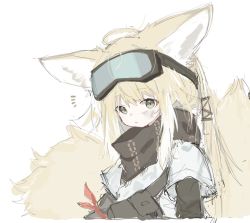 Rule 34 | 1girl, ahoge, animal ear fluff, animal ears, arknights, blonde hair, commentary request, cropped torso, dirty, dirty face, fox ears, fox girl, fox tail, goggles, goggles on head, green eyes, hair between eyes, kitsune, layered sleeves, long sleeves, looking at viewer, multicolored hair, parted lips, sanma (tabet ), shirt, short over long sleeves, short sleeves, simple background, sketch, solo, suzuran (arknights), suzuran (lostlands flowering) (arknights), tail, two-tone hair, upper body, white background, white hair, white shirt
