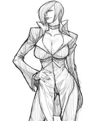 Rule 34 | 1girl, breasts, choker, cleavage, closed mouth, genderswap, genderswap (mtf), greyscale, hair over one eye, jacket, large breasts, looking at viewer, monochrome, sawao, short hair, simple background, solo, the king of fighters, white background, yagami iori
