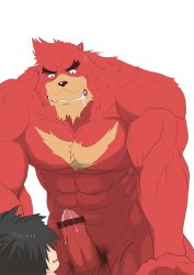 2boys abs bakemono_no_ko cum furry furry_male highres interspecies kumatetsu male_focus multiple_boys muscular naughty_face nude size_difference straddling yaoi