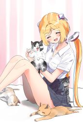 Rule 34 | 1girl, aki rosenthal, animal, black skirt, blonde hair, bob cut, breasts, casual, cat, curtains, dress shirt, closed eyes, highres, holding, holding animal, holding cat, holding paw, hololive, hovering twintails, indoors, knees up, long hair, meowing, on floor, open mouth, pleated skirt, shirt, sitting, skirt, sleeping, small breasts, solo, thighs, twin (tt lsh), twintails, very long hair, virtual youtuber, white shirt