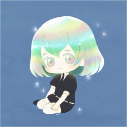 Rule 34 | 1other, :&gt;, androgynous, ayu (mog), black footwear, black shirt, blue background, blush, chibi, closed mouth, collared shirt, diamond (houseki no kuni), elbow gloves, full body, gloves, gradient eyes, gradient hair, houseki no kuni, looking at viewer, multicolored eyes, multicolored hair, necktie, puffy short sleeves, puffy sleeves, shirt, shoes, short sleeves, signature, sitting, smile, solo, sparkle, thighhighs, white shirt, white thighhighs, wing collar, yokozuwari