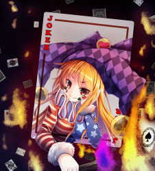 Rule 34 | 1girl, american flag dress, arm support, blonde hair, breasts, card, checkered clothes, checkered headwear, clownpiece, club (shape), fur trim, hat, heart, jester cap, joker (playing card), long hair, looking at viewer, medium breasts, neck ruff, playing card, red eyes, smile, solo, spade (shape), star (symbol), star print, striped, touhou, upper body, v-shaped eyebrows, z.o.b