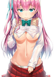 Rule 34 | 1girl, :&gt;, backlighting, blue eyes, blue ribbon, blush, breasts, closed mouth, clothes lift, hair ribbon, half-closed eyes, long hair, long sleeves, looking at viewer, medium breasts, navel, no bra, one side up, original, panties, pink hair, pleated skirt, red skirt, ribbon, shirt, shirt lift, shitou (1992116210), simple background, skirt, smile, solo, sweater vest, tsurime, underboob, underwear, white background, white panties, white shirt