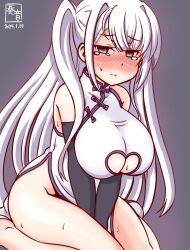 Rule 34 | 1girl, artist logo, black gloves, blush, breasts, china dress, chinese clothes, cleavage cutout, clothing cutout, dress, elbow gloves, embarrassed, fuyutsuki (kancolle), gloves, grey background, grey eyes, grey hair, headband, kanon (kurogane knights), kantai collection, large breasts, long hair, no panties, one-hour drawing challenge, one side up, sitting, solo, sweat, tears, wariza, white dress