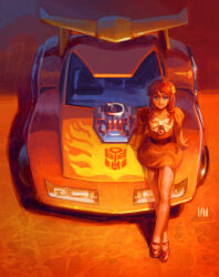Rule 34 | 1girl, blue eyes, bow, car, character request, dress, engine, fmu, hot rod (transformers), looking at viewer, motor vehicle, on vehicle, pink dress, red hair, sitting, smile, solo, spoiler (automobile), sports car, transformers, transformers: generation 1, vehicle focus, white bow