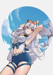 Rule 34 | 1girl, arknights, armpits, arms up, blue shorts, blue sky, border, breasts, cloud, commentary request, cowboy shot, day, eir, eyewear on head, hair between eyes, highres, long hair, looking at viewer, medium breasts, navel, no headwear, official alternate costume, outdoors, parted lips, red eyes, short shorts, shorts, silver hair, skadi (arknights), skadi (waverider) (arknights), sky, solo, standing, stomach, sunglasses, thigh strap, thighs, very long hair, white border