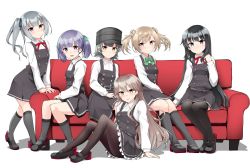 Rule 34 | 6+girls, arare (kancolle), arashio (kancolle), asashio (kancolle), ascot, bad id, bad twitter id, belt, black footwear, black hair, black ribbon, black socks, blue eyes, blue hair, breasts, brown eyes, brown hair, buttons, commentary request, couch, double bun, dress, frilled dress, frills, full body, grey hair, hair between eyes, hair bun, hair ribbon, hat, highres, kantai collection, kasumi (kancolle), kasumi kai ni (kancolle), kirigakure (kirigakure tantei jimusho), kneehighs, light brown hair, long hair, long sleeves, looking at viewer, michishio (kancolle), multiple girls, neck ribbon, ooshio (kancolle), open mouth, pantyhose, pinafore dress, red ribbon, ribbon, school uniform, shirt, shoes, short hair, short twintails, side ponytail, simple background, single thighhigh, sitting, sleeveless, sleeveless dress, small breasts, smile, smokestack, socks, standing, thighhighs, twintails, white background, white shirt, yellow eyes