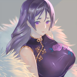 Rule 34 | 1girl, breasts, china dress, chinese clothes, dress, fate/grand order, fate (series), grey background, huge breasts, long hair, minamoto no raikou (fate), minamoto no raikou (traveling outfit) (fate), natsujiru, purple eyes, purple hair, sidelocks, solo, very long hair