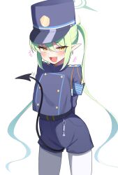 Rule 34 | +++, 1girl, absurdres, black hat, black shirt, black shorts, black tail, blue archive, blush, cowboy shot, demon tail, earrings, fang, green hair, green halo, halo, hat, nozomi (blue archive), highres, jewelry, lelex, long hair, long sleeves, open mouth, pantyhose, peaked cap, shirt, shorts, simple background, skin fang, smile, solo, tail, twintails, white background, white pantyhose, yellow eyes