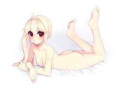 Rule 34 | 1girl, ass, asymmetrical hair, barefoot, bed sheet, blonde hair, blush, breasts, closed mouth, collarbone, crossed arms, feet, g0bes, highres, long hair, lying, nipples, nude, on stomach, original, red eyes, side ponytail, simple background, small breasts, soles, solo, the pose, toes, very long hair, white background