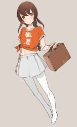 Rule 34 | 1girl, adapted costume, braid, brown hair, clothes writing, grey background, highres, infini, kantai collection, long hair, looking at viewer, orange eyes, orange shirt, pantyhose, pleated skirt, shirt, simple background, single braid, skirt, solo, souya (kancolle), suitcase, t-shirt, tied shirt, white pantyhose, white skirt