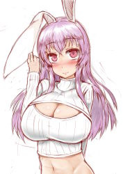 Rule 34 | 1girl, absurdres, animal ears, blush, breasts, cleavage, cleavage cutout, clothing cutout, highres, impossible clothes, impossible sweater, large breasts, light purple hair, long hair, looking at viewer, meme attire, midriff, navel, open-chest sweater, rabbit ears, red eyes, reisen udongein inaba, simple background, solo, sweater, touhou, white background, yuta0504
