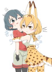 Rule 34 | 2girls, animal ears, black eyes, black hair, blonde hair, blush, chis (js60216), closed mouth, commentary, elbow gloves, extra ears, flying sweatdrops, frown, fume, gloves, grey shorts, high-waist skirt, highres, hug, jealous, kaban (kemono friends), kemono friends, pantyhose under shorts, looking at another, looking at viewer, looking back, miniskirt, multiple girls, one eye closed, open mouth, pantyhose, print gloves, print legwear, print neckwear, print skirt, red shirt, serval (kemono friends), serval print, serval tail, shirt, short hair, short sleeves, shorts, skirt, sleeveless, sleeveless shirt, smile, standing, tail, translated, white background, white shirt, yellow eyes, yellow gloves, yellow legwear, yellow neckwear, yellow skirt