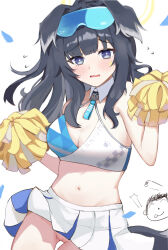 Rule 34 | 1boy, 1girl, animal ears, doodle sensei (blue archive), black hair, blue archive, blue eyes, blush, breasts, cheerleader, cleavage, cleft of venus, commentary, criss-cross halter, dog girl, dog tail, dokaw, eyewear on head, halo, halterneck, hibiki (blue archive), hibiki (cheer squad) (blue archive), highres, holding, holding pom poms, looking at viewer, medium breasts, medium hair, midriff, millennium cheerleader outfit (blue archive), navel, no panties, official alternate costume, pom pom (cheerleading), pom poms, pussy, sensei (blue archive), simple background, skirt, star sticker, sticker on face, sunglasses, tail, wavy mouth, white background, white skirt, yellow halo