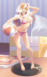 Rule 34 | 1girl, :d, azusa (cookie), ball, barefoot, beachball, bikini, braid, breasts, bright pupils, bukkake, cookie (touhou), cum, cum on figure, cum on object, figure, hair between eyes, highres, large breasts, long hair, looking at viewer, one eye closed, open mouth, orange eyes, orange hair, side braid, single braid, smile, solo, striped bikini, striped clothes, swimsuit, tarmo, tissue box, white pupils