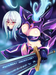 Rule 34 | 1girl, armor, blue hair, blush, breasts, cleavage, disembodied head, dullahan, gauntlets, holding head, knight, large breasts, long hair, midriff, monster girl, navel, nishida megane, original, red eyes, solo, spirit, sword, thighhighs, weapon, white hair