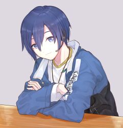 Rule 34 | 1boy, blue eyes, blue hair, closed mouth, collared shirt, commentary request, crossed arms, hair between eyes, jacket, jewelry, kaito (vocaloid), long sleeves, looking at viewer, male focus, microphone, necklace, open clothes, open jacket, partial commentary, project sekai, shirt, short hair, solo, t-shirt, table, toridbd, vivid bad squad (project sekai), vivid bad squad kaito, vocaloid