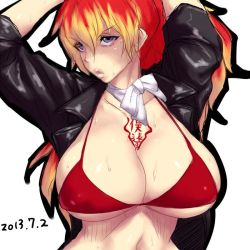 Rule 34 | &gt;:(, 1girl, ao no exorcist, arms up, between breasts, bikini, bikini top only, black jacket, blonde hair, blue eyes, breasts, choker, cleavage, dated, gradient hair, huge breasts, jacket, kirigakure shura, large breasts, lips, long hair, looking at viewer, midriff, multicolored hair, navel, ponytail, red bikini, red hair, sawao, simple background, solo, swimsuit, tattoo, two-tone hair, white background