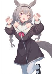 Rule 34 | 1girl, :d, animal ear fluff, animal ears, black coat, black footwear, black hairband, braid, claw pose, coat, fang, grey hair, hairband, highres, leg up, long hair, long sleeves, looking at viewer, mary janes, off shoulder, open clothes, open coat, open mouth, original, pantyhose, partially unbuttoned, peroncho, purple eyes, shirt, shoes, sleeveless, sleeveless shirt, smile, tail, twin braids, twintails, white background, white shirt