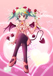Rule 34 | 1girl, ahoge, bow, demon tail, demon wings, elbow gloves, fingerless gloves, flower, gloves, green hair, hair bow, hatsune miku, headset, heart, heart hunter, horns, crossed legs, petals, project diva, project diva (series), red eyes, red flower, red rose, rose, rose petals, sitting, smile, solo, syaron, tail, thighhighs, vocaloid, wings